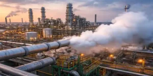 ammonia leak shutdown at urea plant with gas release from industrial pipeline