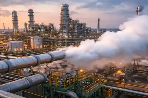 ammonia leak shutdown at urea plant with gas release from industrial pipeline