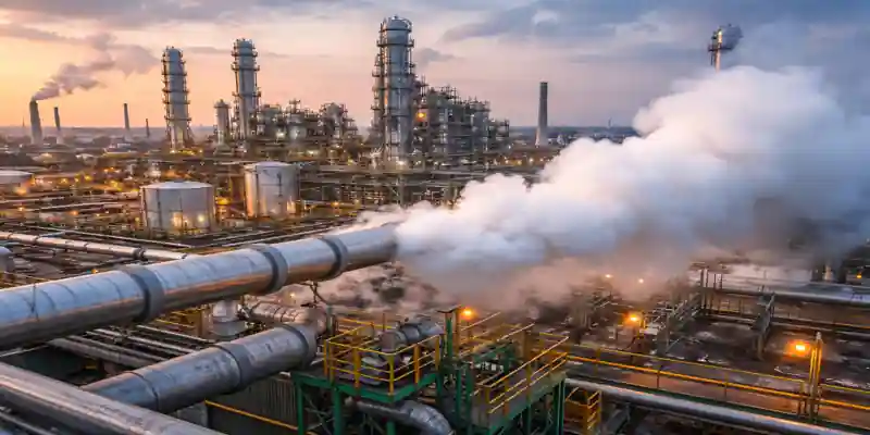 ammonia leak shutdown at urea plant with gas release from industrial pipeline