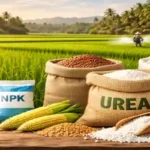 NBS Rates for Kharif 2026 image showing fertilizers and crops in agricultural field with farmer applying nutrients