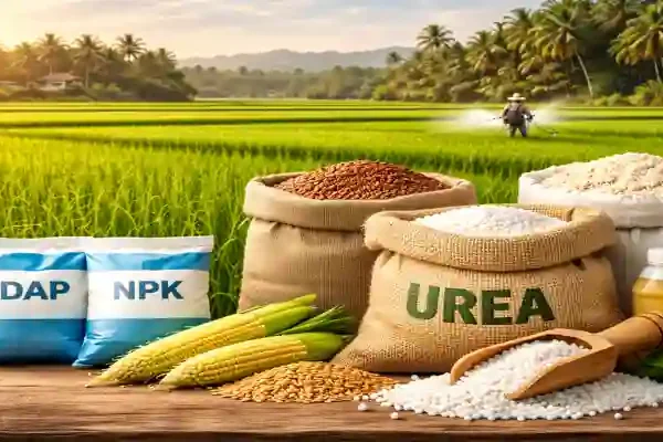 NBS Rates for Kharif 2026 image showing fertilizers and crops in agricultural field with farmer applying nutrients