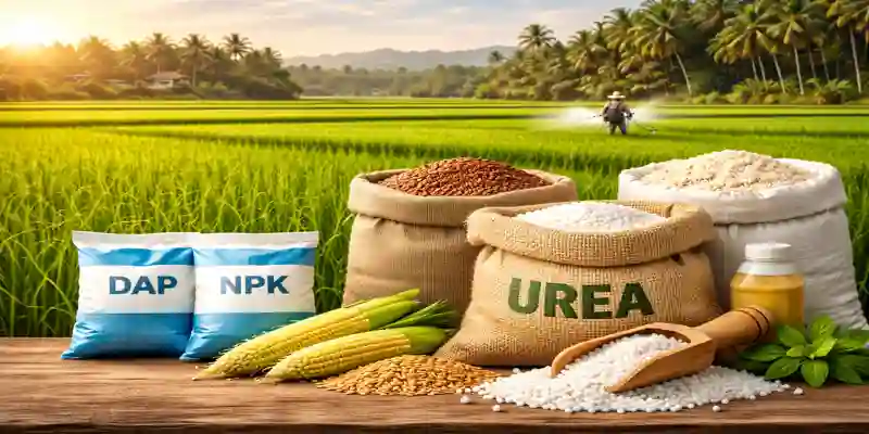NBS Rates for Kharif 2026 image showing fertilizers and crops in agricultural field with farmer applying nutrients