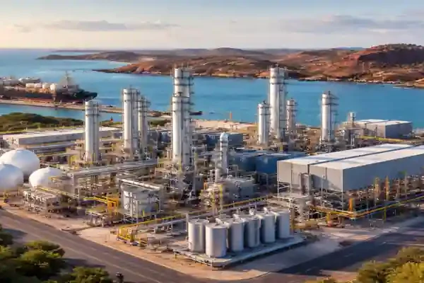 Blue ammonia plant Australia with industrial facility and export terminal near coastal port