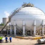 ammonia storage projectHorton Sphere installation at fertilizer plant with industrial equipment and workers on site