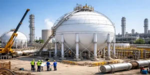 ammonia storage projectHorton Sphere installation at fertilizer plant with industrial equipment and workers on site
