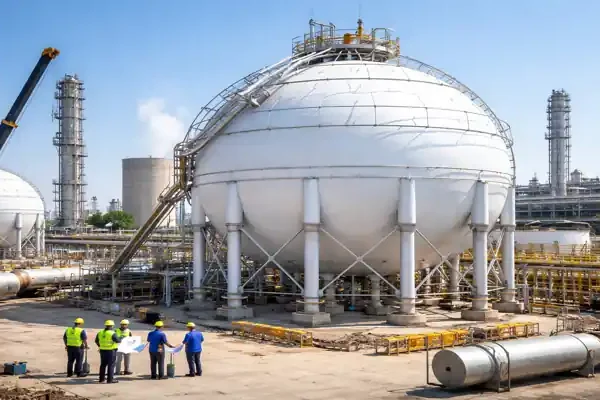 ammonia storage projectHorton Sphere installation at fertilizer plant with industrial equipment and workers on site
