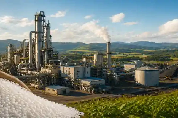 Large urea fertilizer plant with industrial units and granules in foreground representing fertilizer production and global supply chain