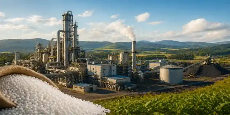 Large urea fertilizer plant with industrial units and granules in foreground representing fertilizer production and global supply chain
