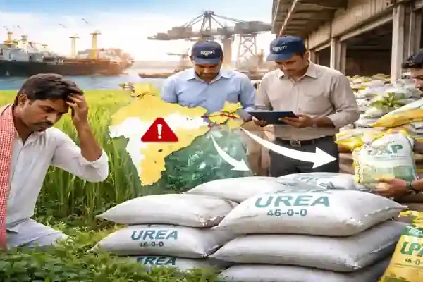 Fertilizer shortage India showing farmer concern with urea bags and supply inspection