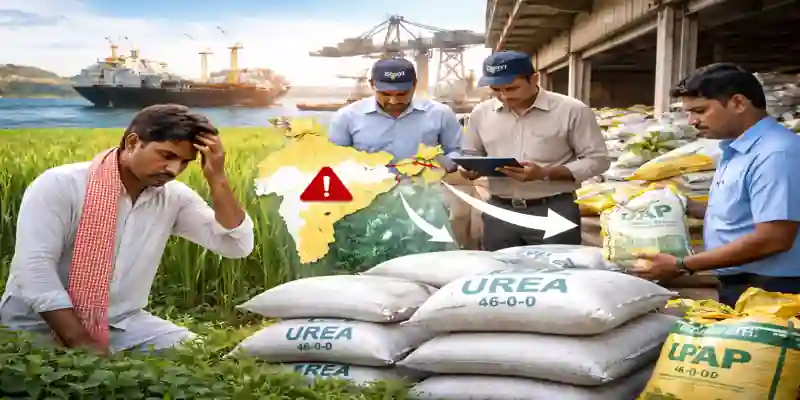 Fertilizer shortage India showing farmer concern with urea bags and supply inspection