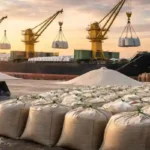 NFL fertilizer tender: Fertilizer cargo unloading at port with cranes, bulk bags, and cargo ship during sunset