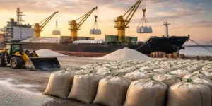 NFL fertilizer tender: Fertilizer cargo unloading at port with cranes, bulk bags, and cargo ship during sunset