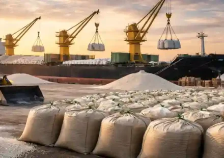NFL fertilizer tender: Fertilizer cargo unloading at port with cranes, bulk bags, and cargo ship during sunset