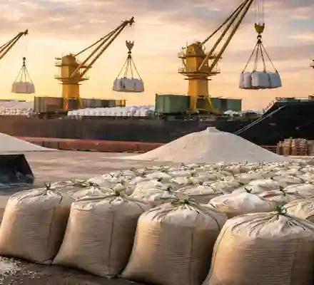 NFL fertilizer tender: Fertilizer cargo unloading at port with cranes, bulk bags, and cargo ship during sunset