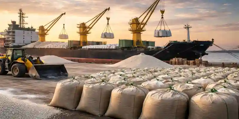 NFL fertilizer tender: Fertilizer cargo unloading at port with cranes, bulk bags, and cargo ship during sunset