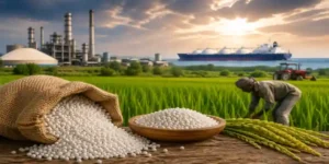 Fertilizer granules with farmer in green field, industrial plant and cargo ship in background showing agriculture supply chain