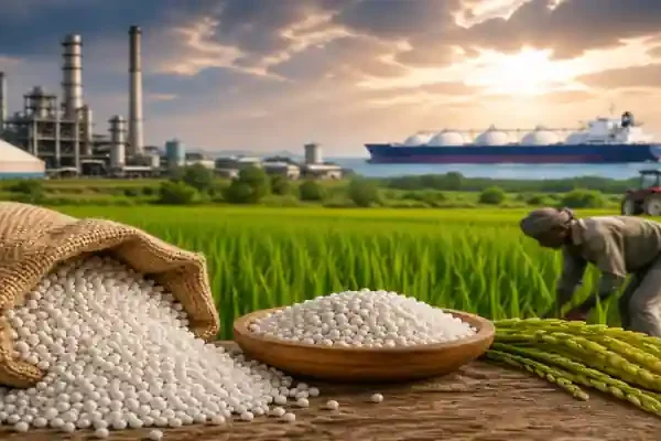 Fertilizer granules with farmer in green field, industrial plant and cargo ship in background showing agriculture supply chain