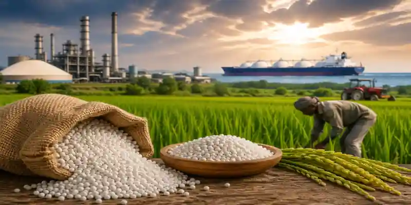 Fertilizer granules with farmer in green field, industrial plant and cargo ship in background showing agriculture supply chain