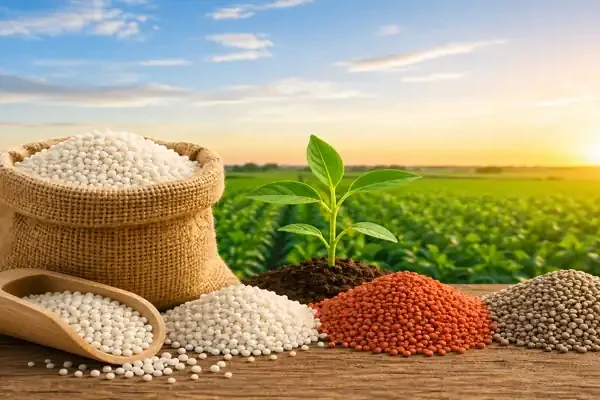 Global fertilizer market April 2026 showing urea, DAP, and MOP granules with crop field background