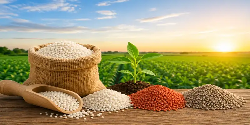 Global fertilizer market April 2026 showing urea, DAP, and MOP granules with crop field background