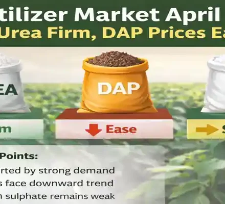 Fertilizer market April 2026 showing urea firm, DAP prices easing and ammonium sulphate stable trends