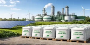 Green ammonia plant with solar panels and storage tanks representing NTPC green ammonia deal in India