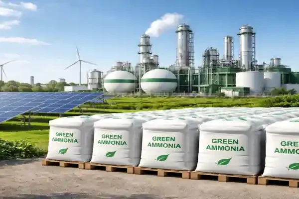 Green ammonia plant with solar panels and storage tanks representing NTPC green ammonia deal in India