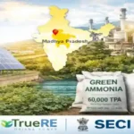green ammonia India project with solar panels, industrial plant and ammonia bags in Madhya Pradesh