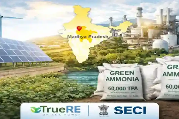 green ammonia India project with solar panels, industrial plant and ammonia bags in Madhya Pradesh