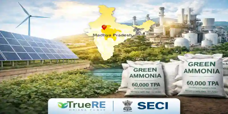 green ammonia India project with solar panels, industrial plant and ammonia bags in Madhya Pradesh