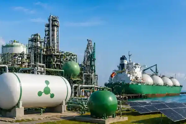 Green ammonia production plant with storage tanks, cargo ship, wind turbines and solar panels representing clean energy fuel supply and maritime bunkering