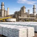 HURL urea production plant with stacked fertilizer bags and industrial ammonia urea facility in India