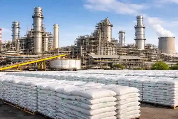 HURL urea production plant with stacked fertilizer bags and industrial ammonia urea facility in India