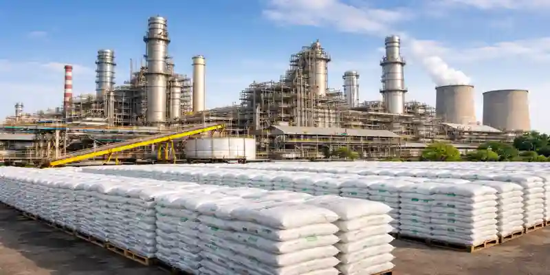 HURL urea production plant with stacked fertilizer bags and industrial ammonia urea facility in India