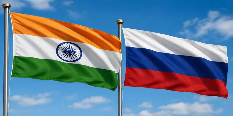 India and Russia flags representing bilateral urea plant joint venture for fertilizer supply security