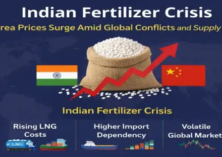 Indian Fertilizer Crisis showing rising urea prices, LNG cost increase, and global supply risks