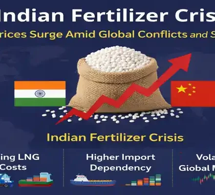 Indian Fertilizer Crisis showing rising urea prices, LNG cost increase, and global supply risks