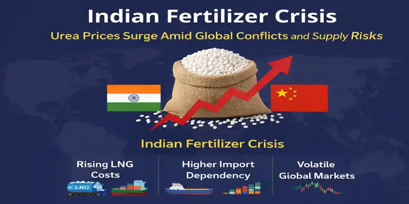 Indian Fertilizer Crisis showing rising urea prices, LNG cost increase, and global supply risks