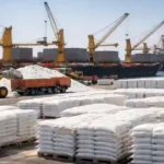 Fertilizer import operations at port with urea bags and cargo ships for Indian fertilizer imports