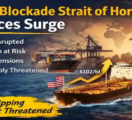 Iran US blockade Strait of Hormuz causing oil price surge and global shipping disruption