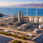 Jordan green ammonia plant at Aqaba with solar panels, wind turbines and export terminal