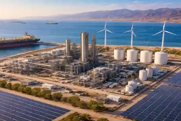 Jordan green ammonia plant at Aqaba with solar panels, wind turbines and export terminal