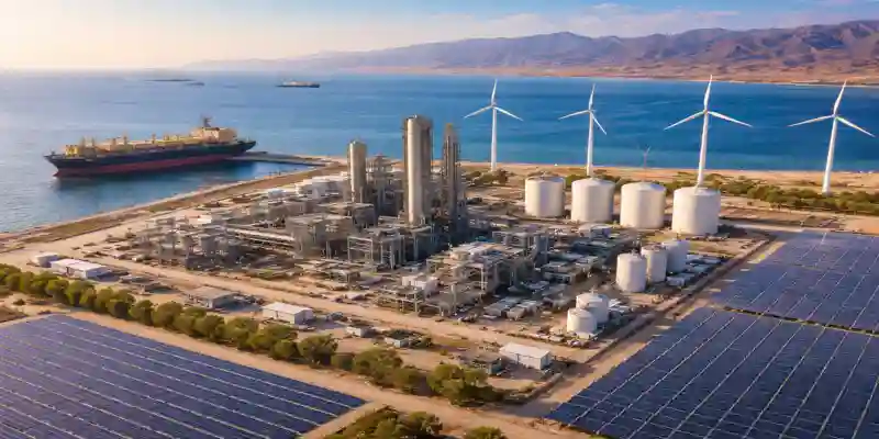 Jordan green ammonia plant at Aqaba with solar panels, wind turbines and export terminal