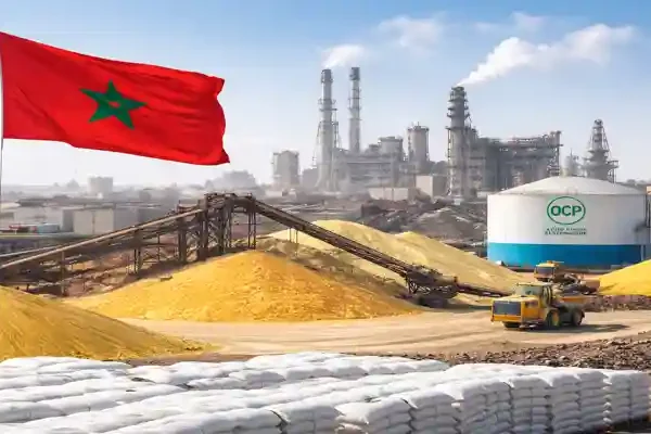 OCP Morocco phosphate plant with fertilizer production and stockpiles