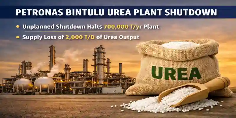 Petronas Bintulu Urea Plant Shutdown image showing urea plant and supply disruption of 2000 tonnes per day