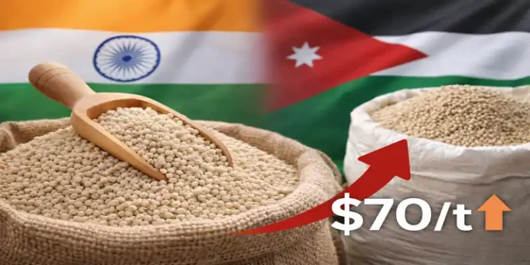 phosphoric acid contract price in sacks with scoop against blurred India and Jordan flags background showing price increase trend