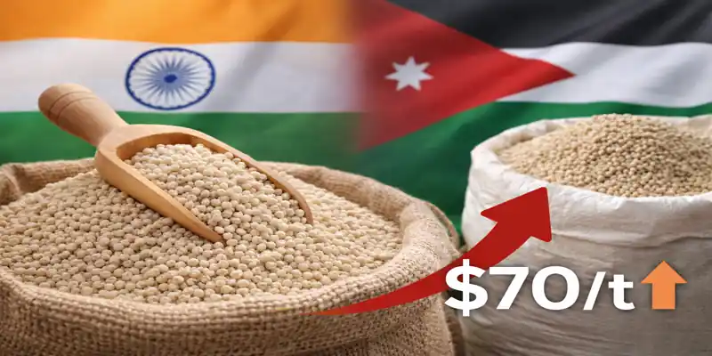 phosphoric acid contract price in sacks with scoop against blurred India and Jordan flags background showing price increase trend