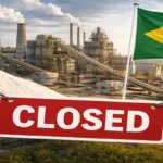 SSP fertilizer plant closure in Brazil with industrial facility and shutdown barrier in foreground