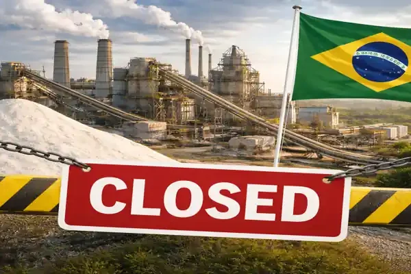 SSP fertilizer plant closure in Brazil with industrial facility and shutdown barrier in foreground
