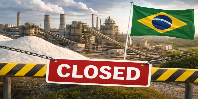 SSP fertilizer plant closure in Brazil with industrial facility and shutdown barrier in foreground
